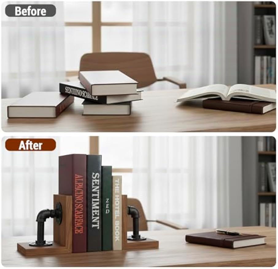 Rustic Pipe‑Style Decorative Wooden Bookends
