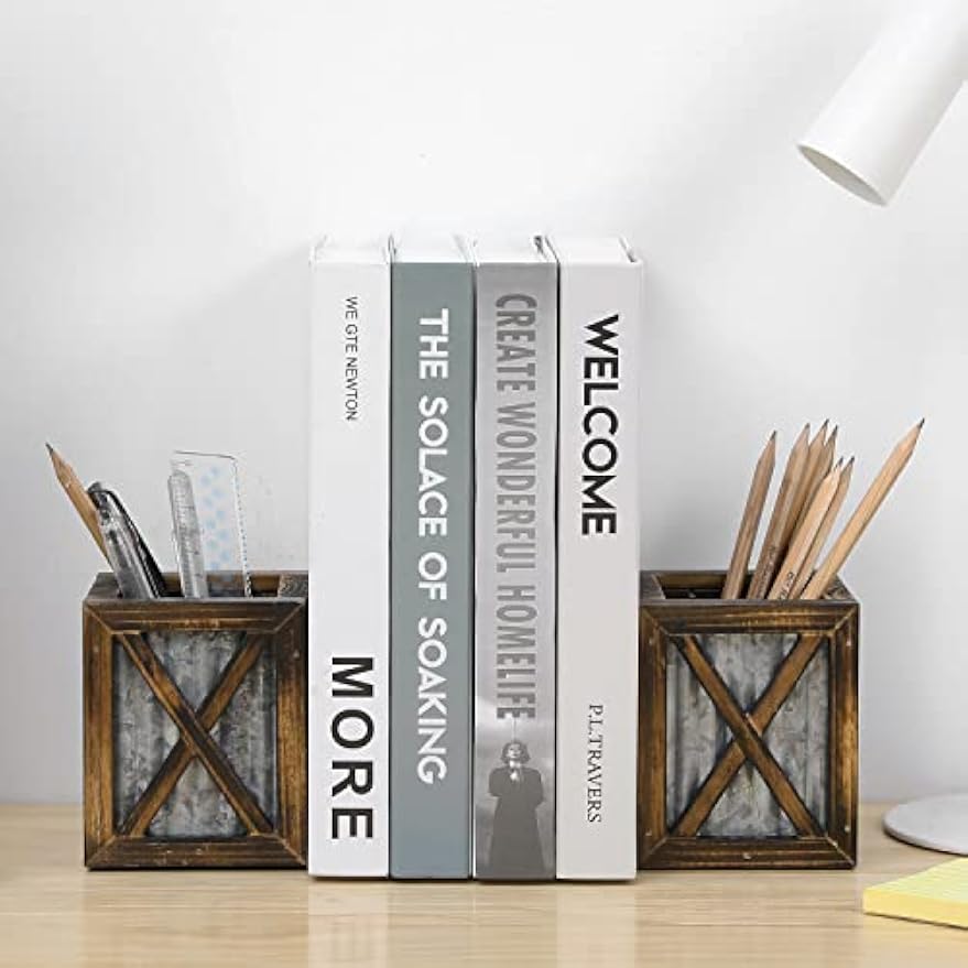 Wood Metal Desk Storage Decorative Bookends