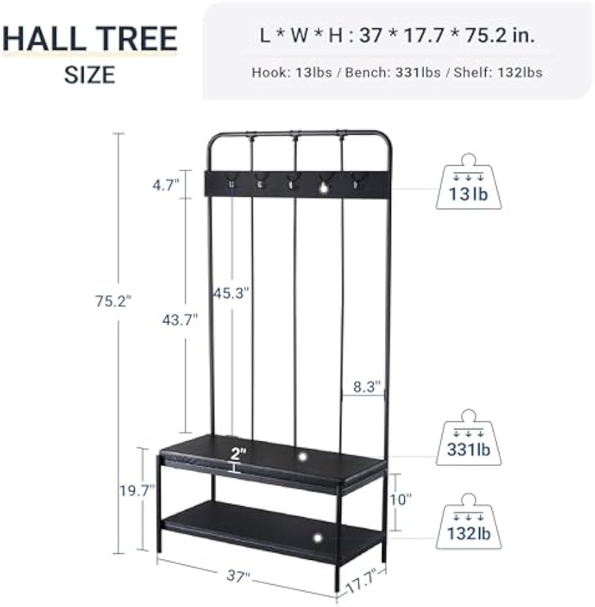 Padded Industrial Entryway Hall Tree Bench