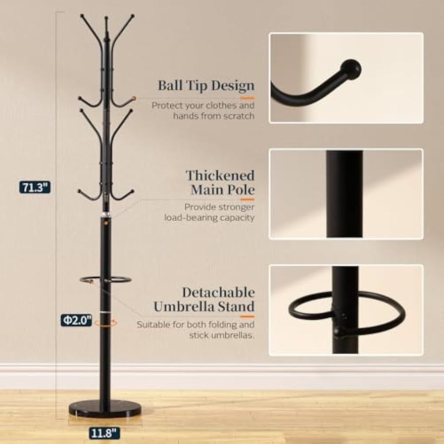 Metal Freestanding Marble‑Base Coat Rack Stand