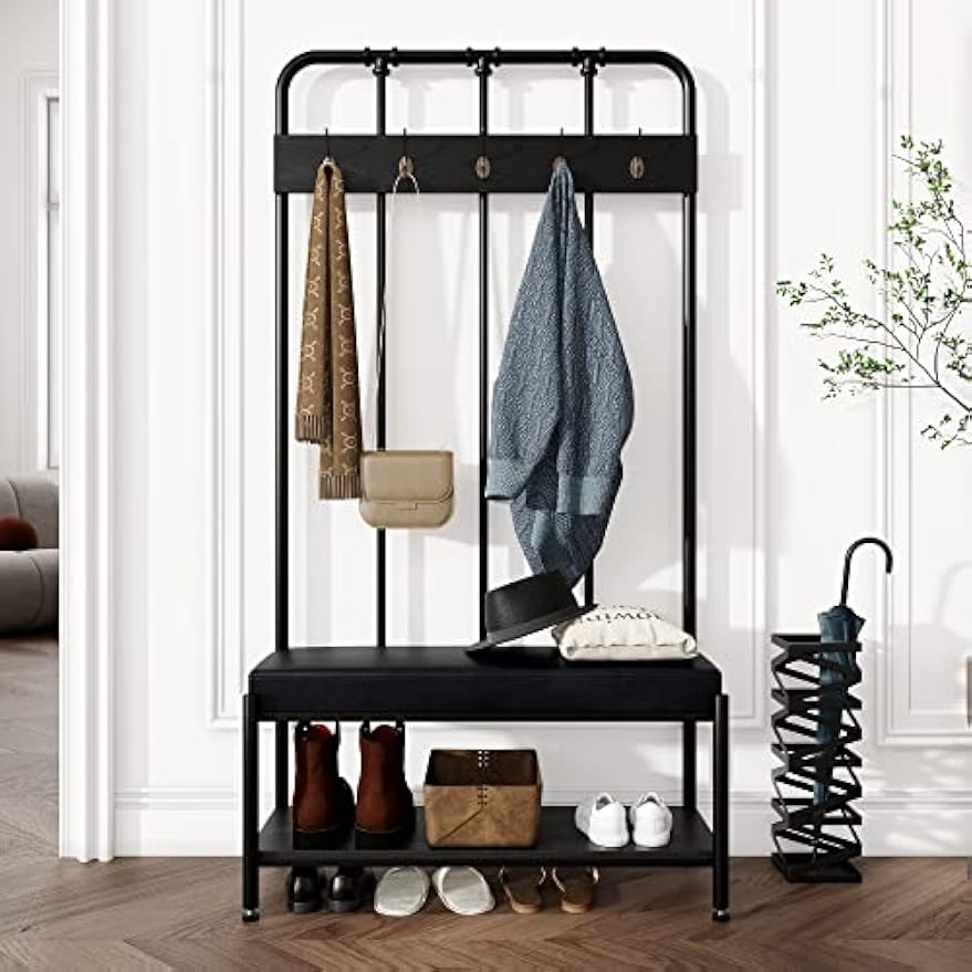Padded Industrial Entryway Hall Tree Bench