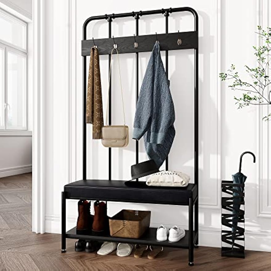 Padded Industrial Entryway Hall Tree Bench