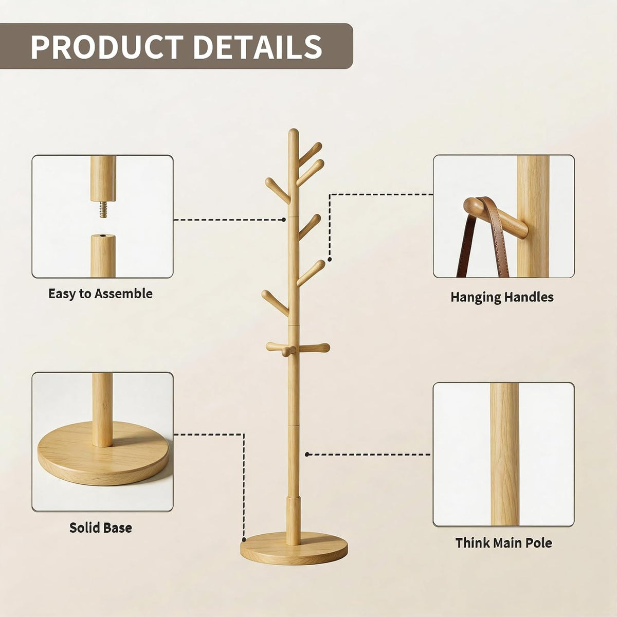 Solid Wood Freestanding Entryway Coat Rack Stand