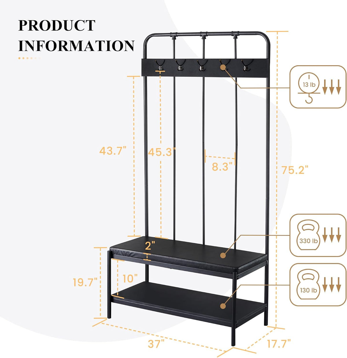 Industrial Padded Entryway Hall Tree Bench