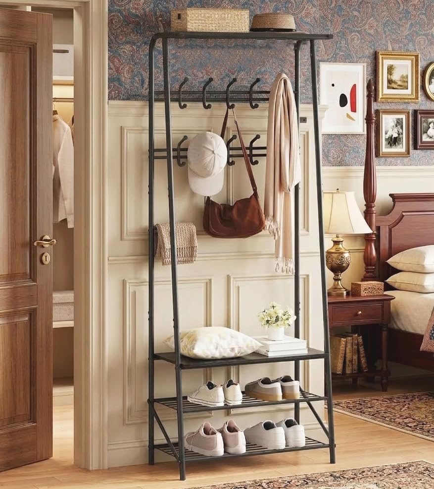 Wood‑Accent Entryway Hall Tree Storage Bench