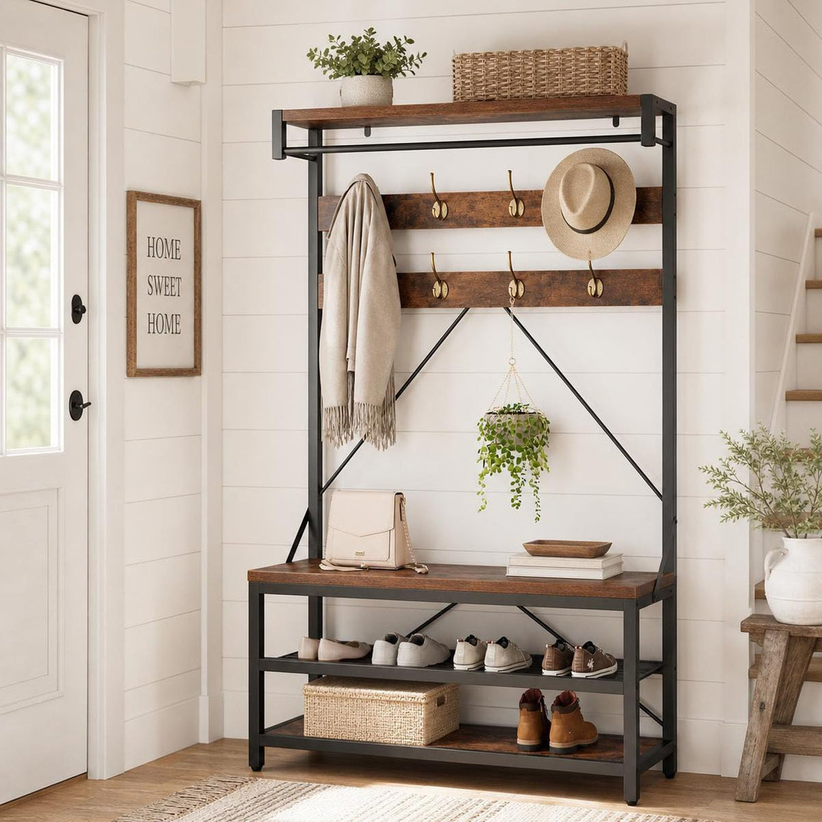Industrial Entryway Hall Tree Storage Bench