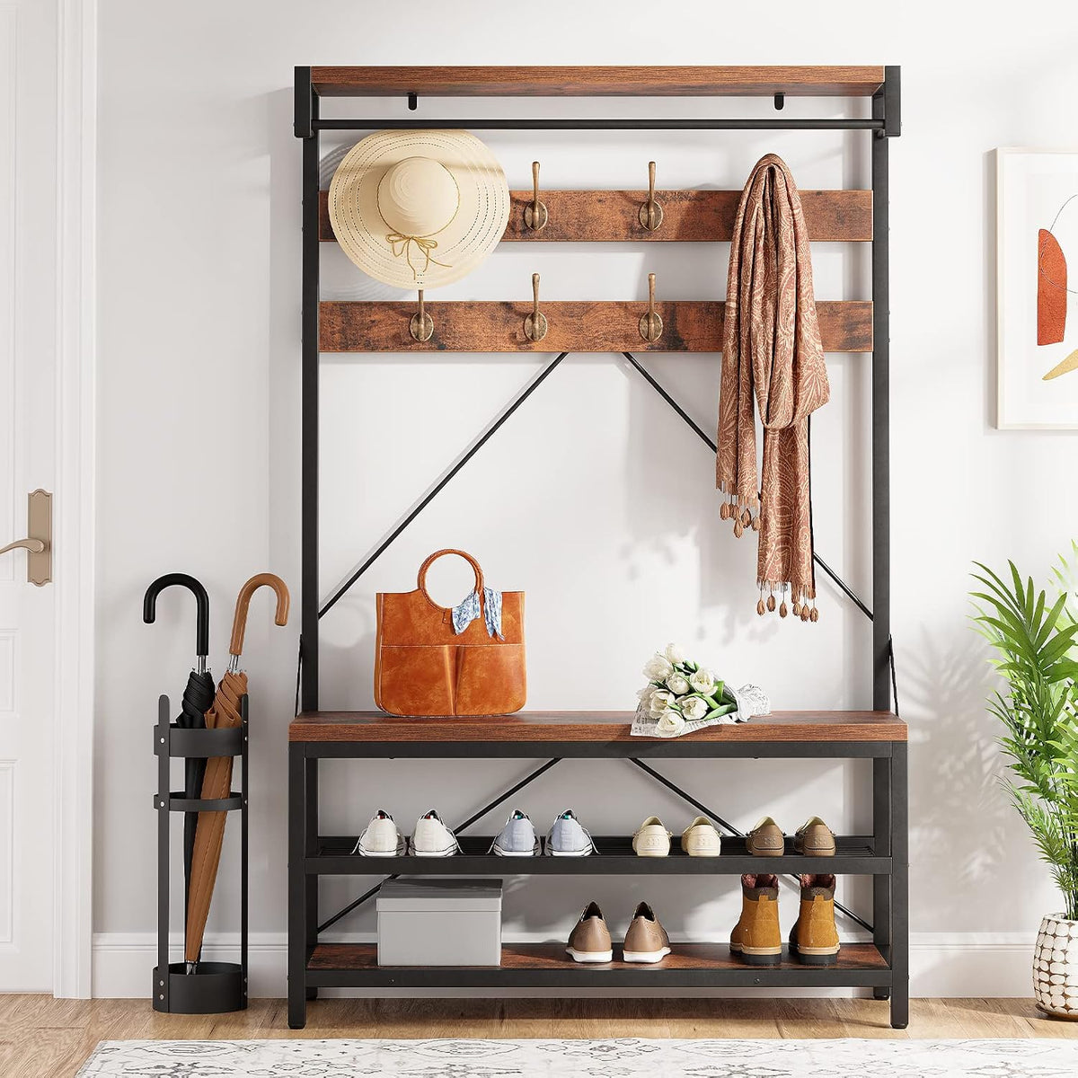 Industrial Entryway Hall Tree Storage Bench