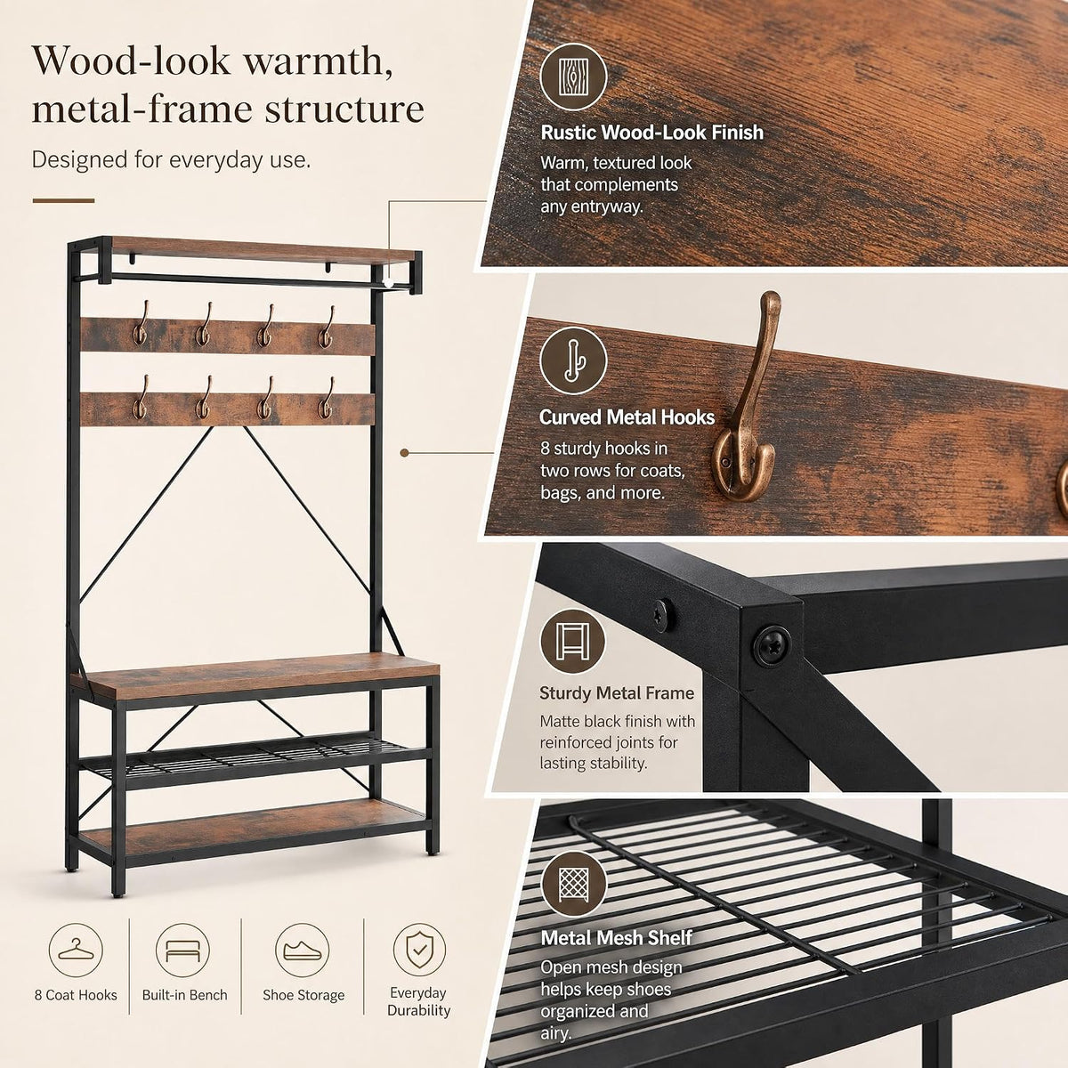 Industrial Entryway Hall Tree Storage Bench