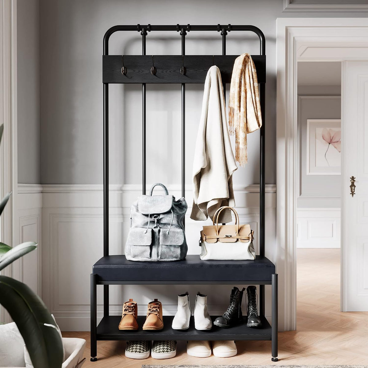 Industrial Padded Entryway Hall Tree Bench