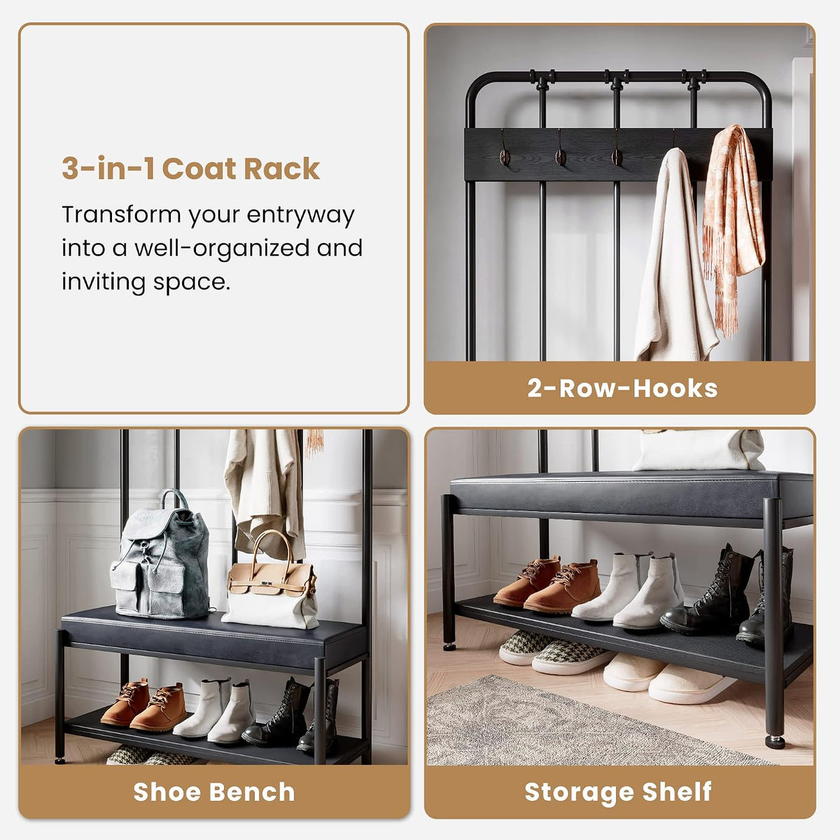 Industrial Padded Entryway Hall Tree Bench
