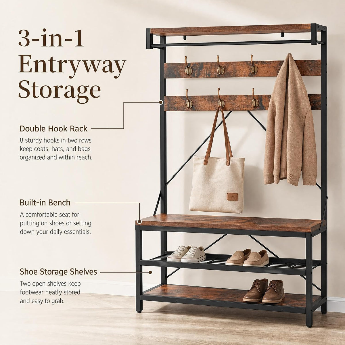 Industrial Entryway Hall Tree Storage Bench